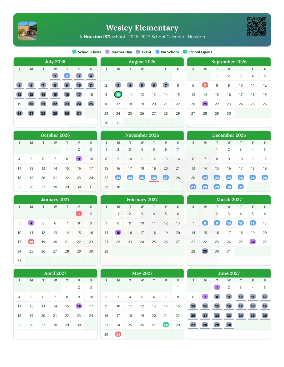 Wesley Elementary Calendar for the Year 26-27