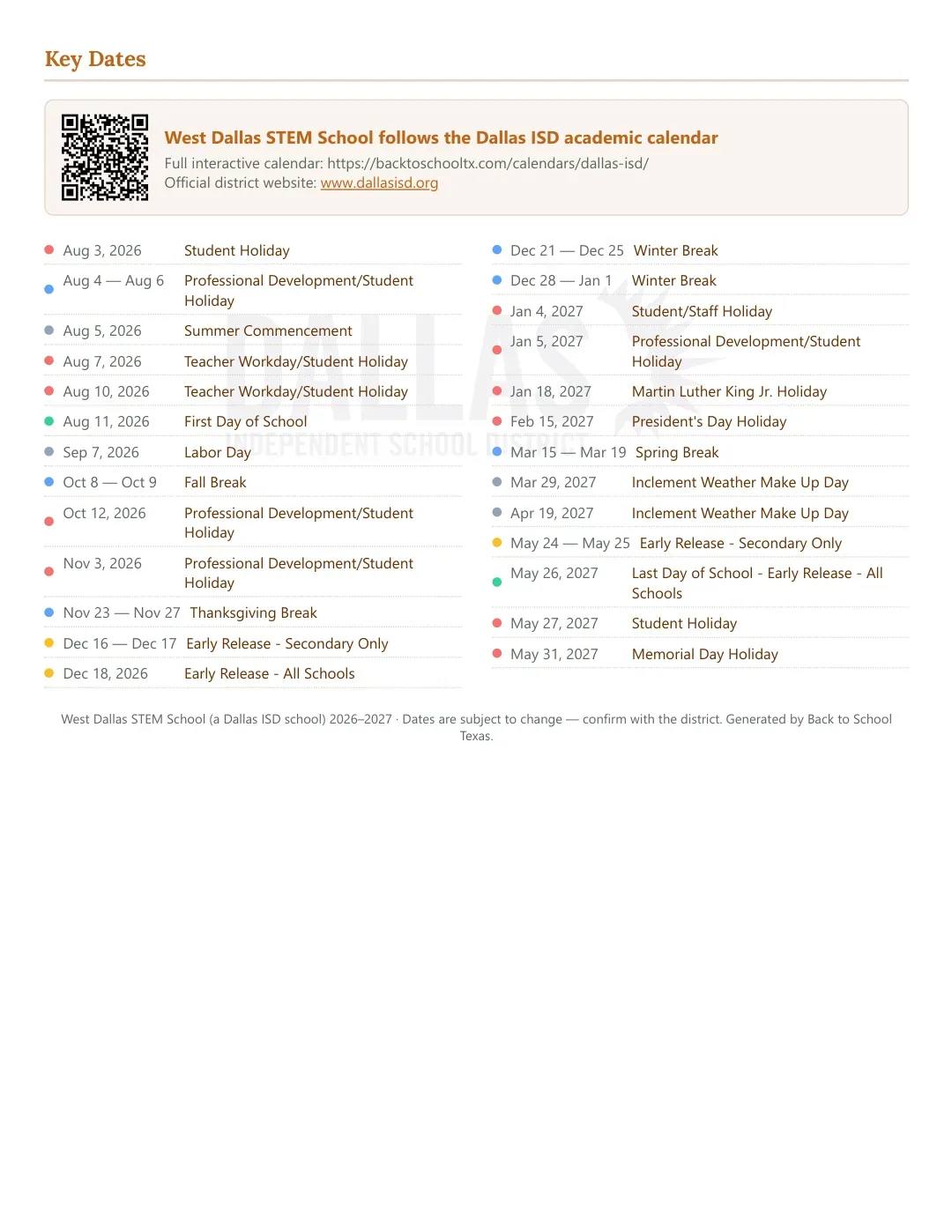 West Dallas STEM School Calendar for the Year 26-27 — key dates