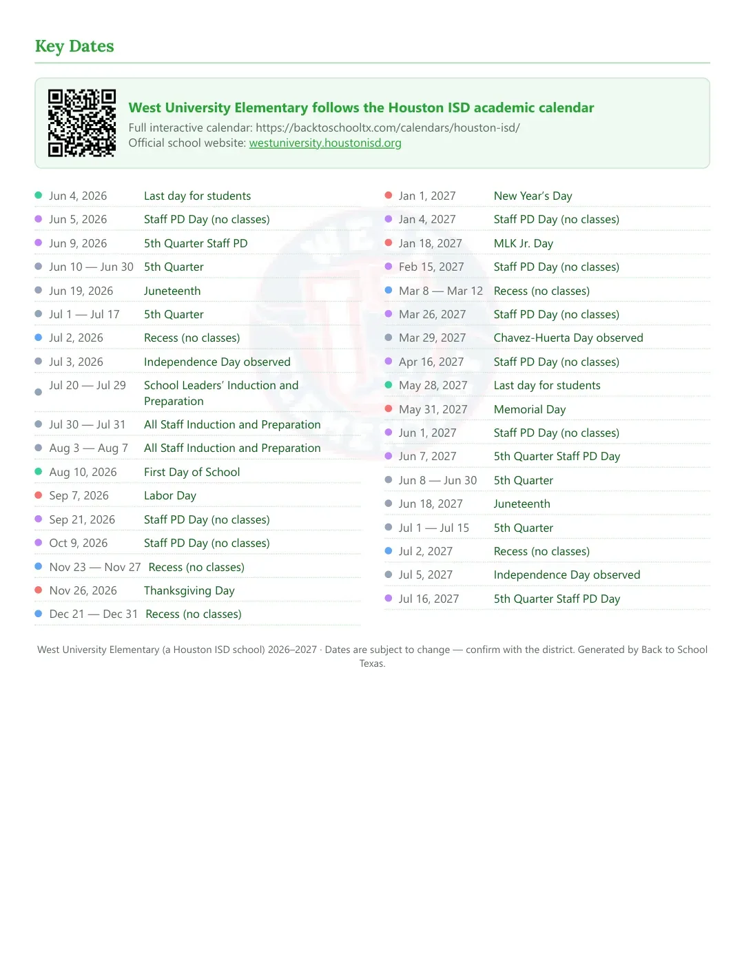 West University Elementary Calendar for the Year 26-27 — key dates
