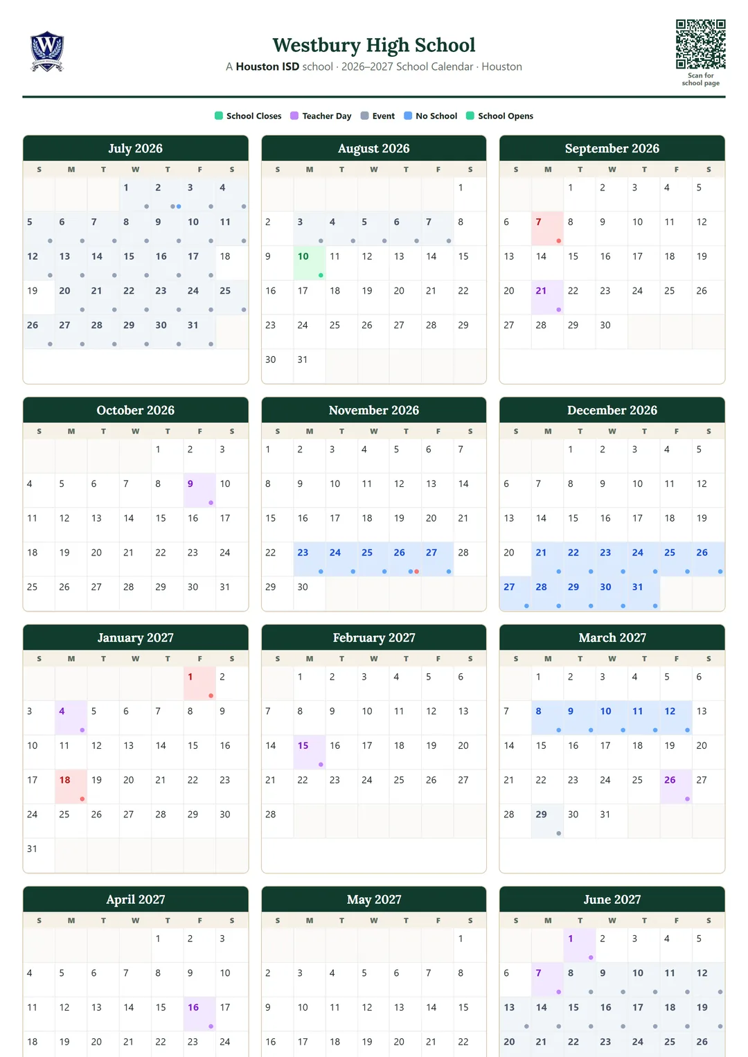 Westbury High School printable 2026–2027 calendar