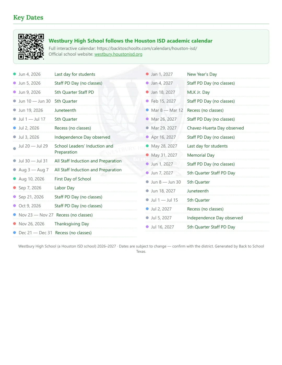 Westbury High School Calendar for the Year 26-27 — key dates