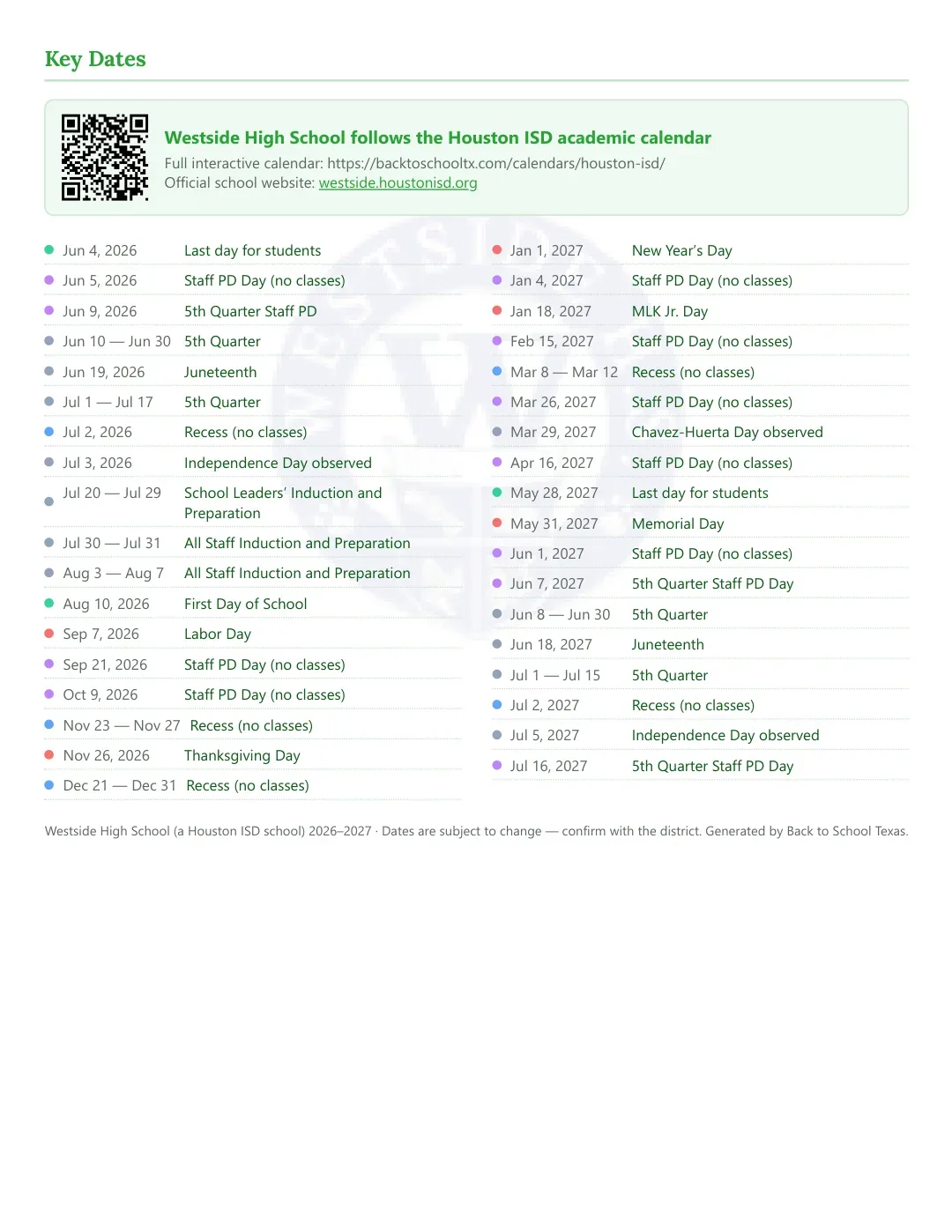 Westside High School Calendar for the Year 26-27 — key dates