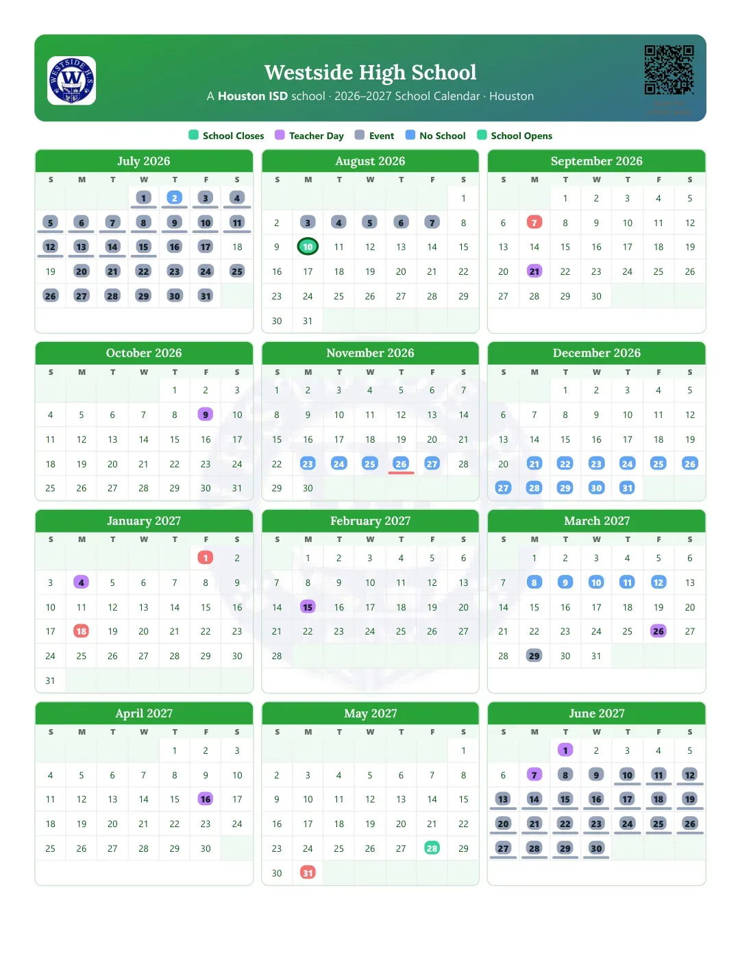 Westside High School Calendar for the Year 26-27
