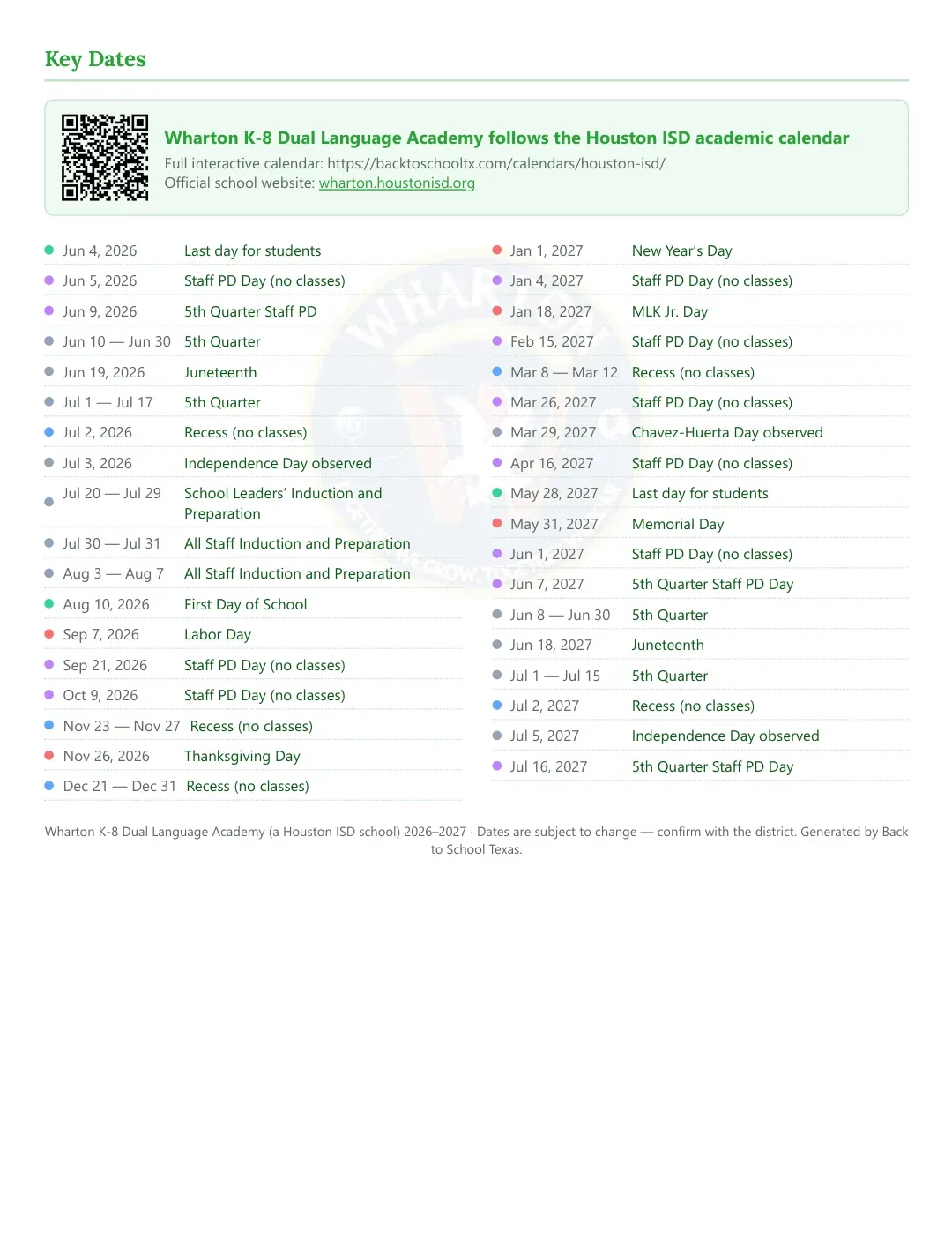Wharton K-8 Dual Language Academy Calendar for the Year 26-27 — key dates