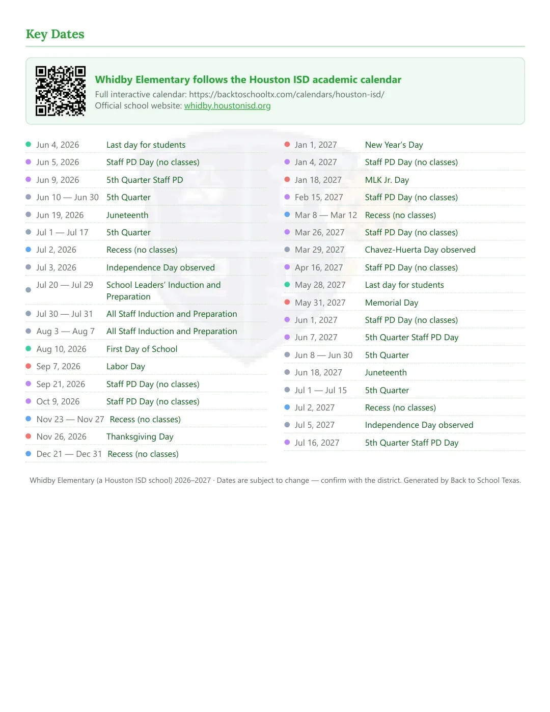 Whidby Elementary Calendar for the Year 26-27 — key dates