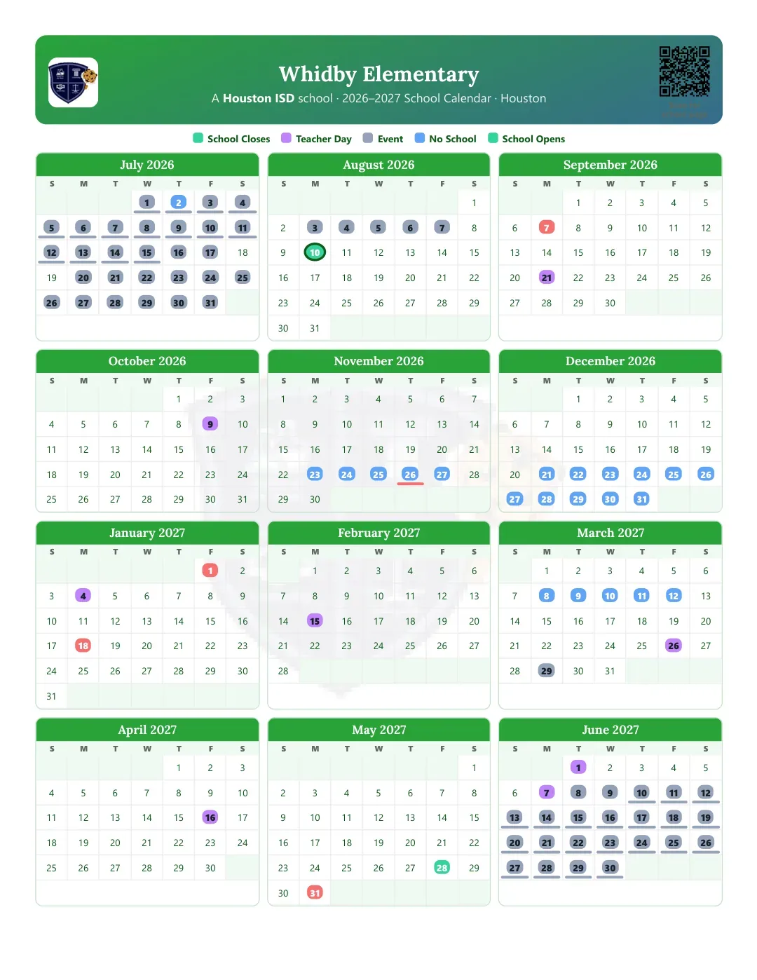Whidby Elementary Calendar for the Year 26-27