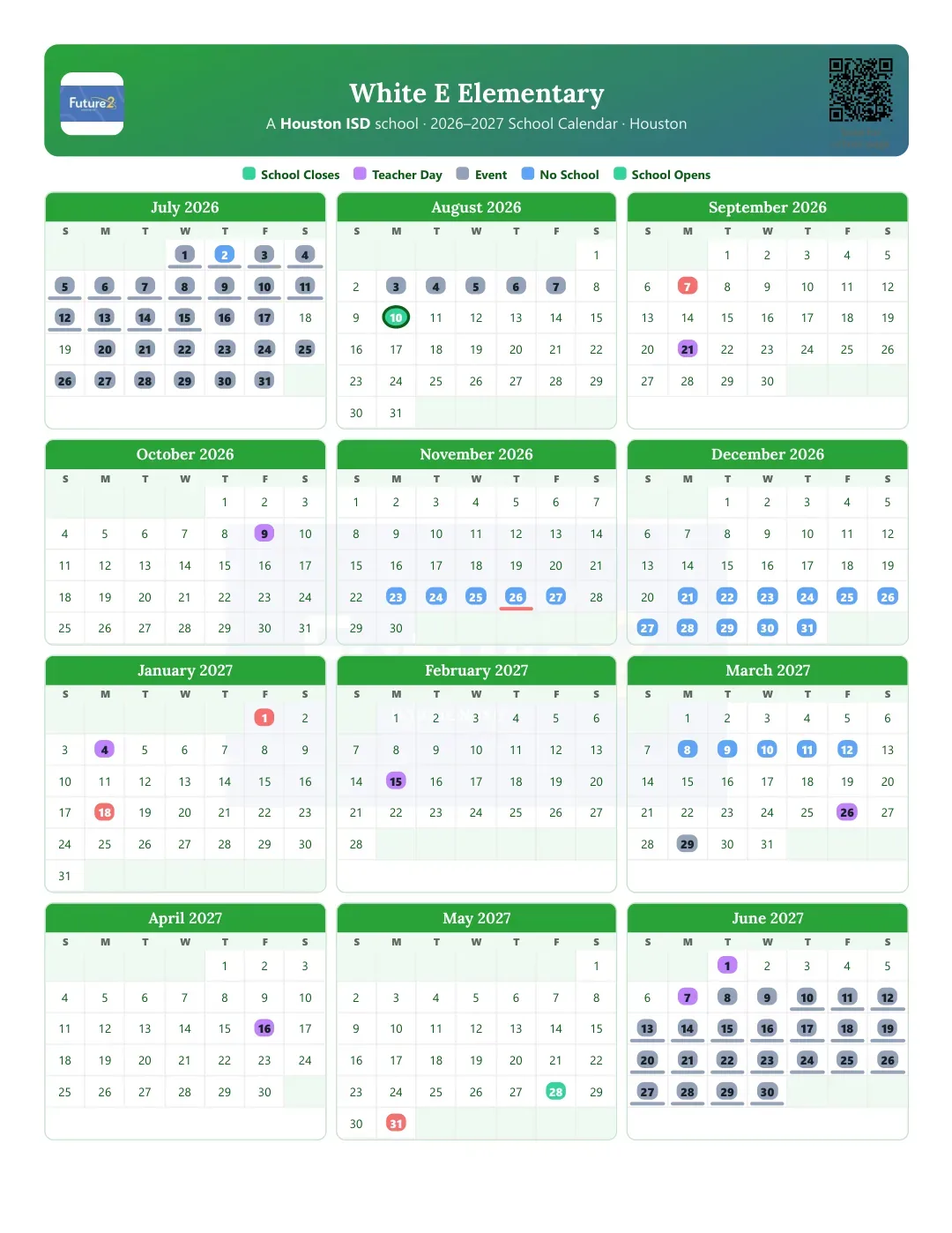 White E Elementary Calendar for the Year 26-27