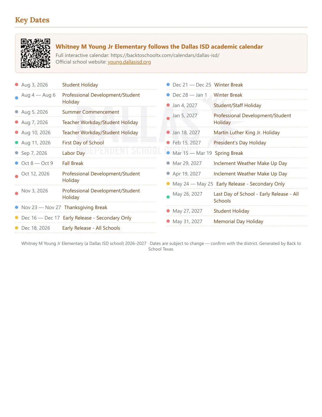 Whitney M Young Jr Elementary Calendar for the Year 26-27 — key dates