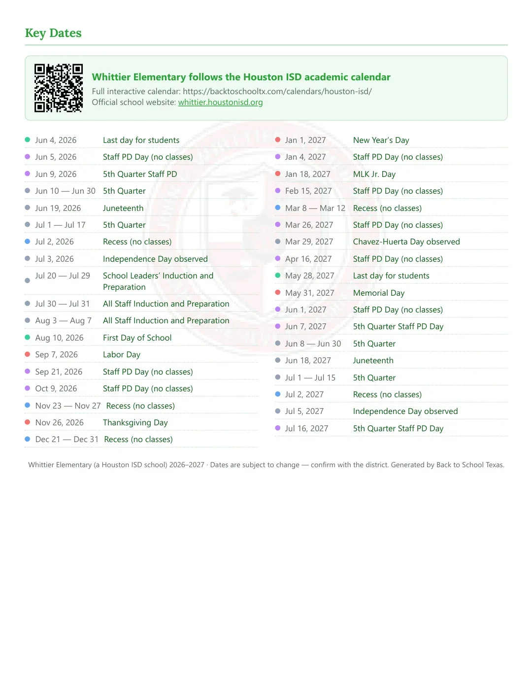 Whittier Elementary Calendar for the Year 26-27 — key dates