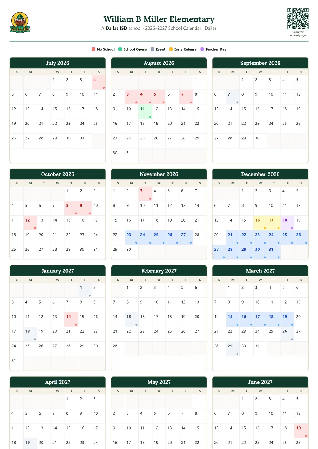 William B Miller Elementary printable 2026–2027 calendar