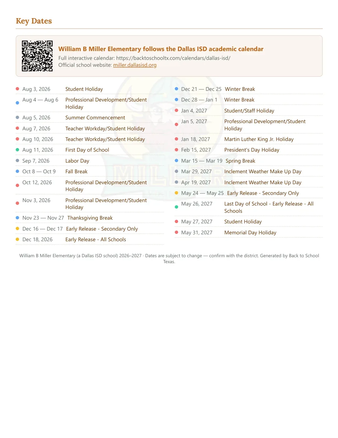 William B Miller Elementary Calendar for the Year 26-27 — key dates