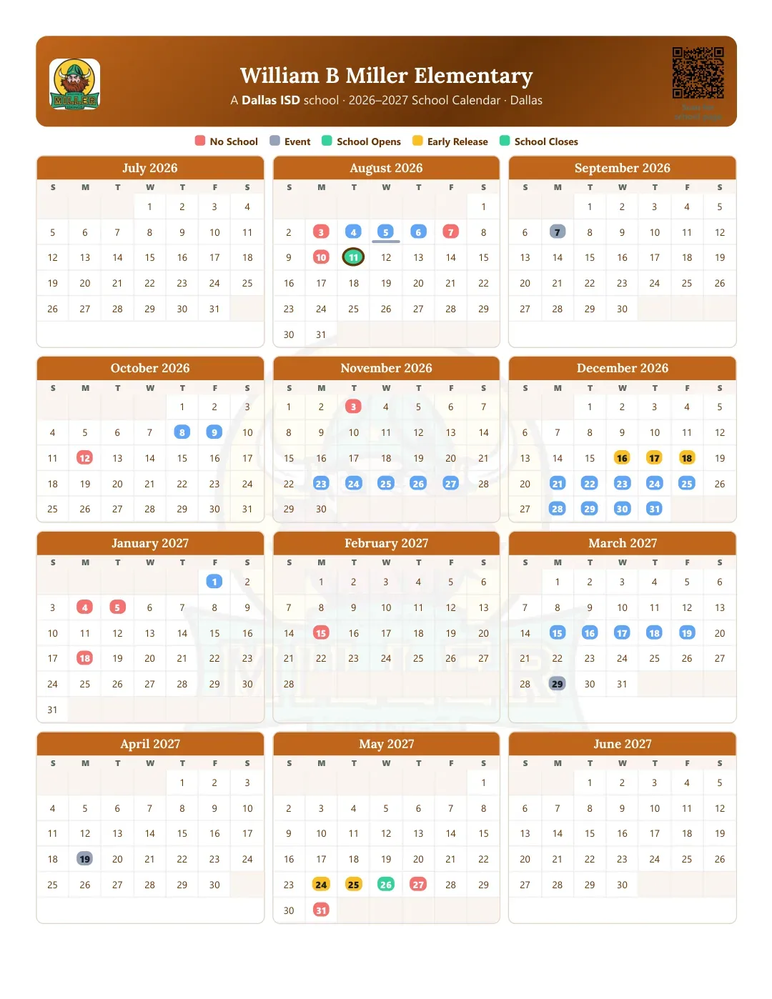William B Miller Elementary Calendar for the Year 26-27