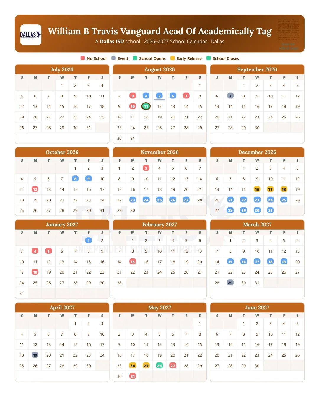 William B Travis Vanguard Acad Of Academically Tag Calendar for the Year 26-27