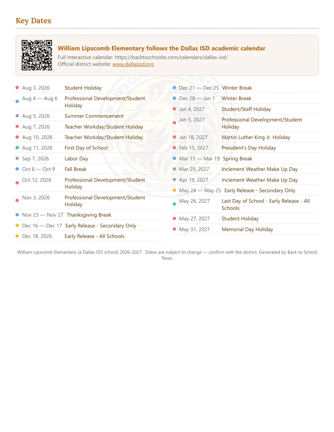 William Lipscomb Elementary Calendar for the Year 26-27 — key dates
