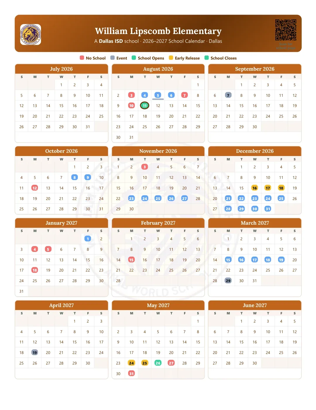 William Lipscomb Elementary Calendar for the Year 26-27