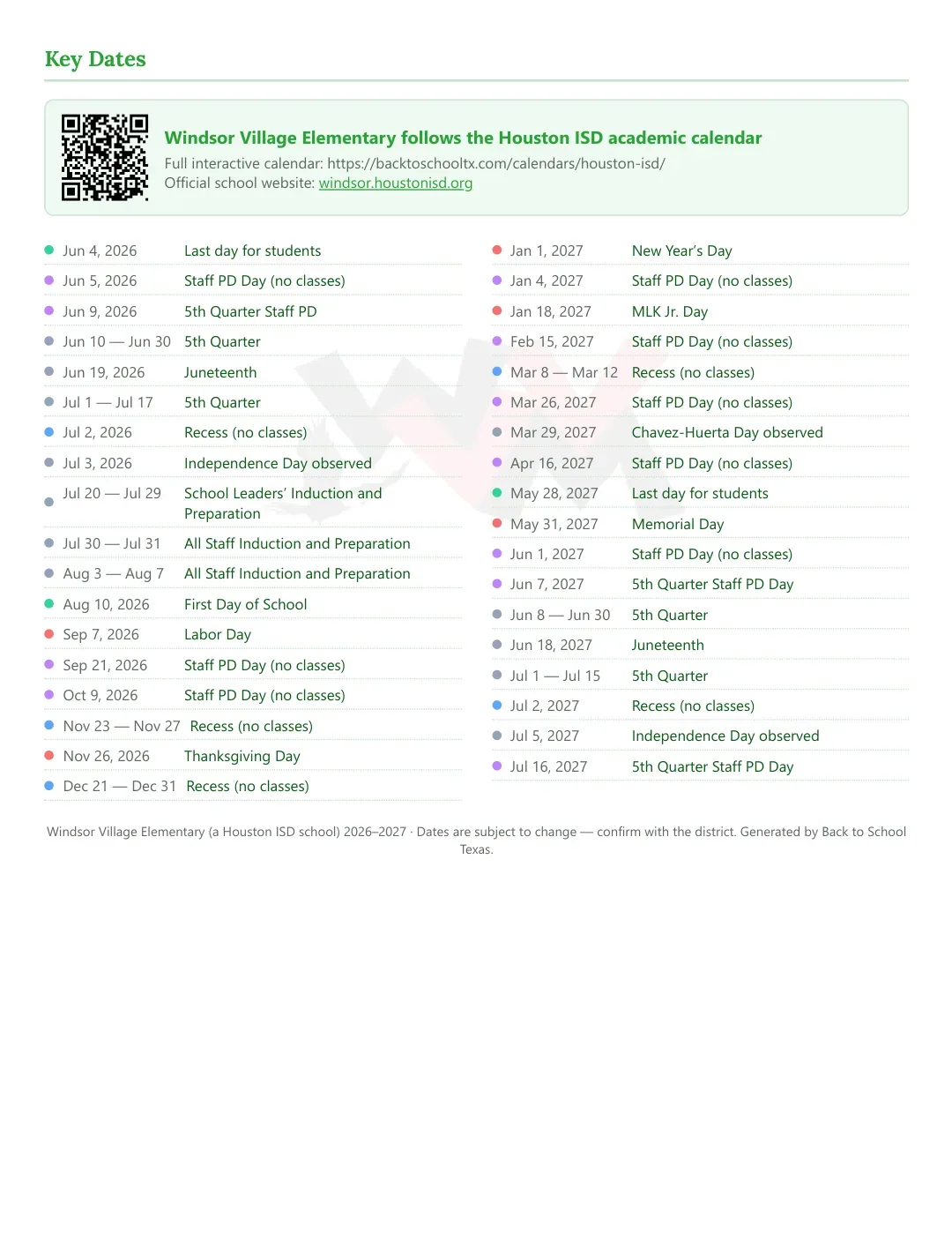 Windsor Village Elementary Calendar for the Year 26-27 — key dates