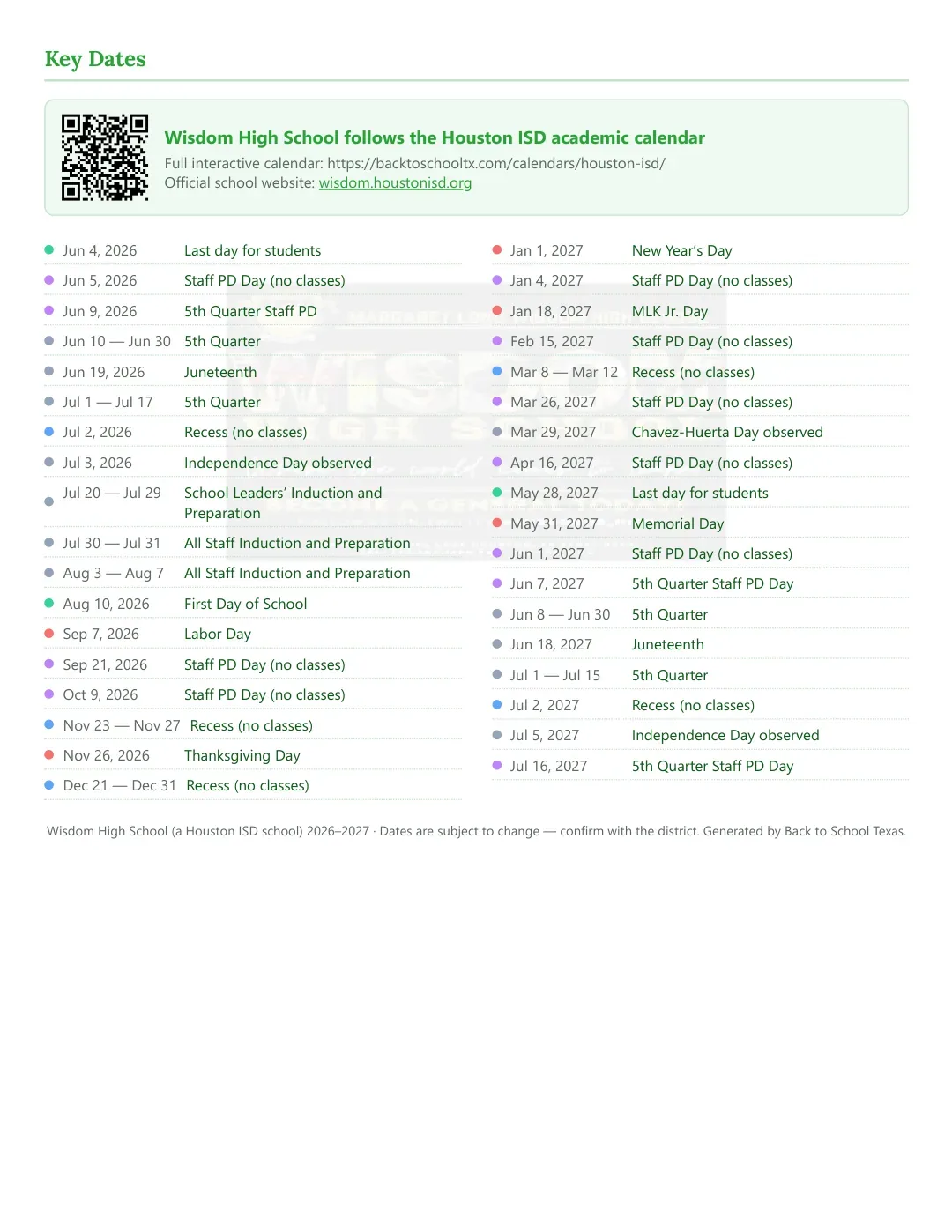 Wisdom High School Calendar for the Year 26-27 — key dates