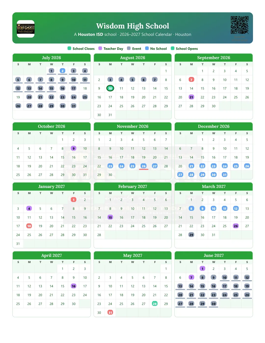 Wisdom High School Calendar for the Year 26-27