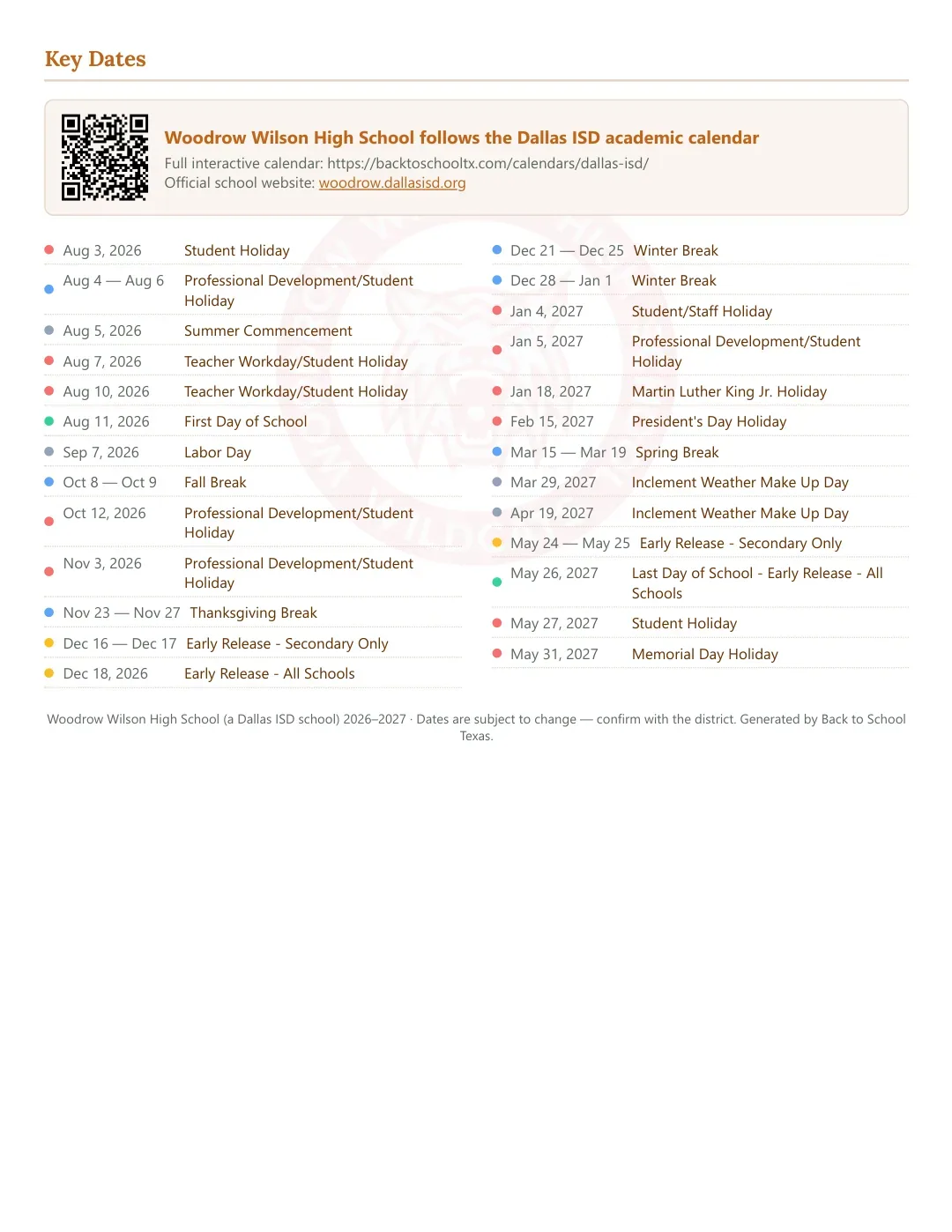 Woodrow Wilson High School Calendar for the Year 26-27 — key dates