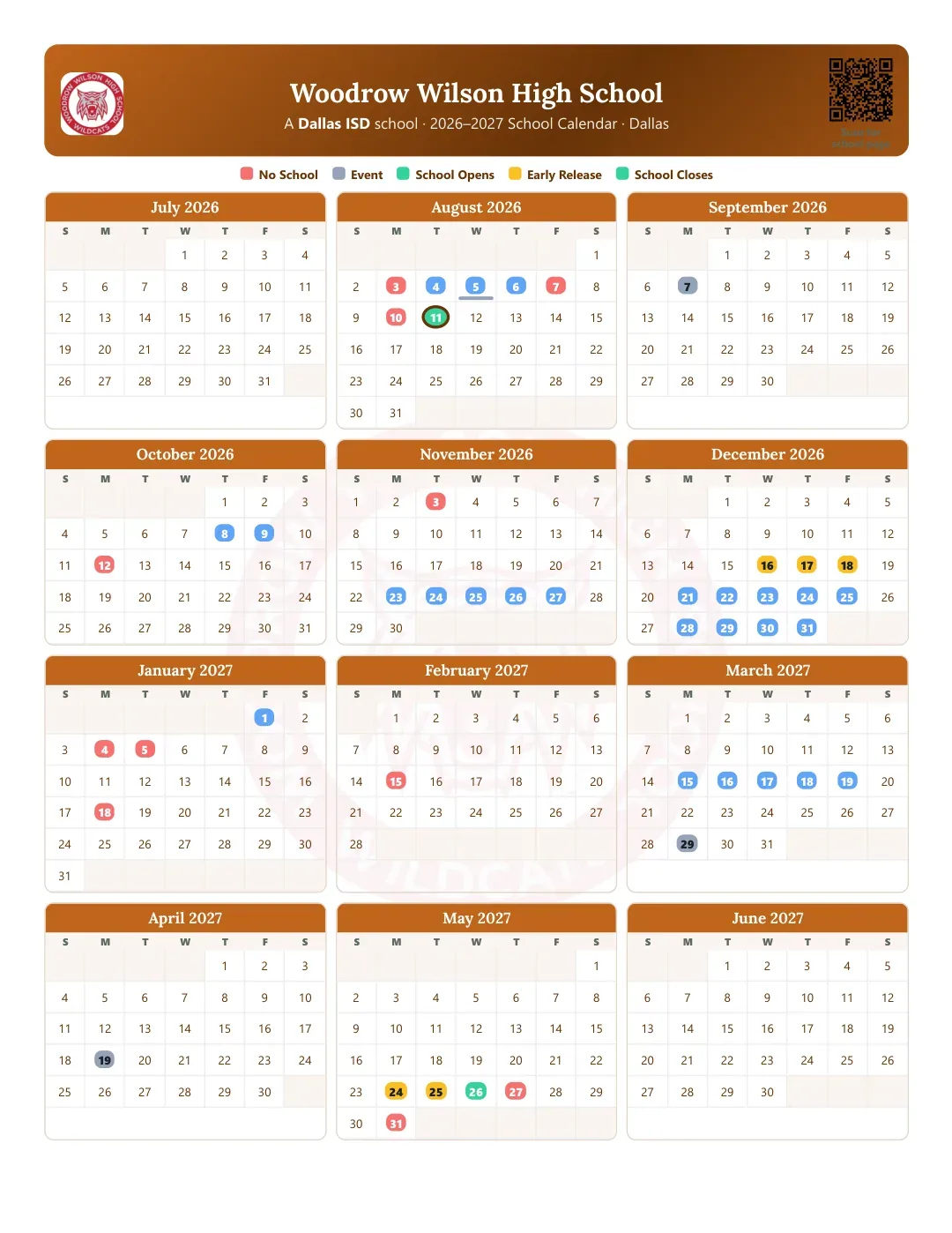 Woodrow Wilson High School Calendar for the Year 26-27