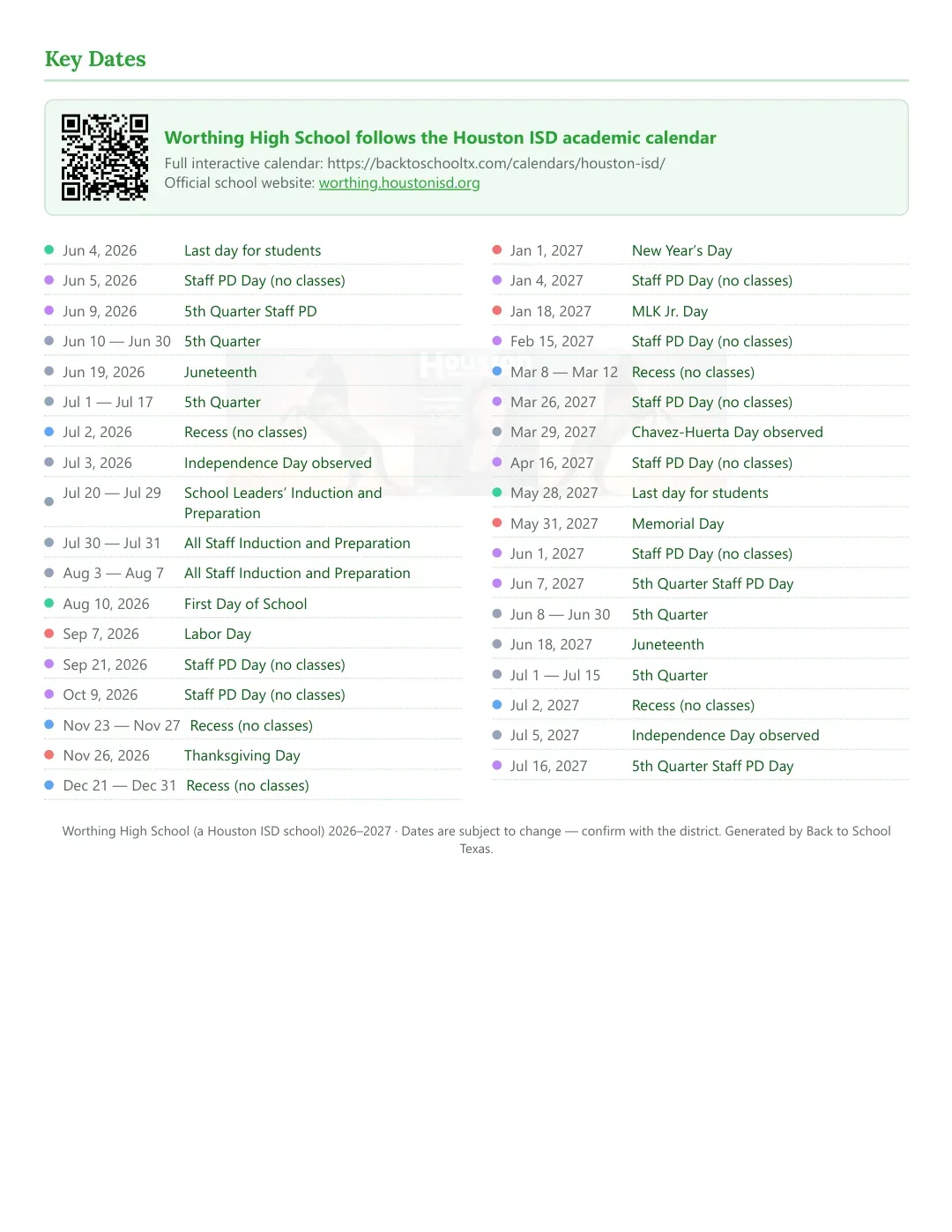 Worthing High School Calendar for the Year 26-27 — key dates