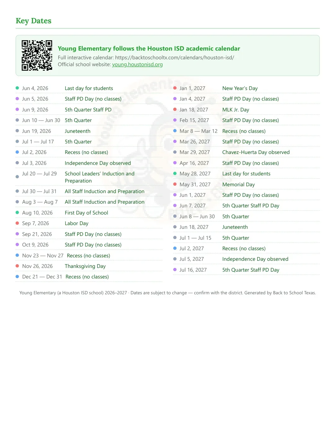 Young Elementary Calendar for the Year 26-27 — key dates