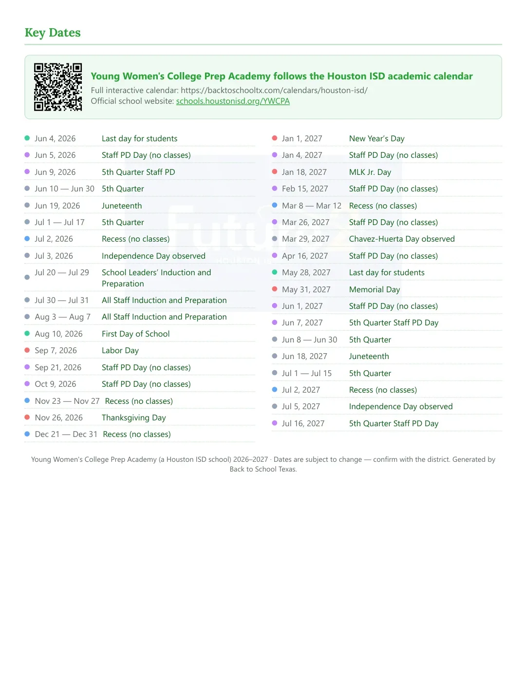 Young Women's College Prep Academy Calendar for the Year 26-27 — key dates