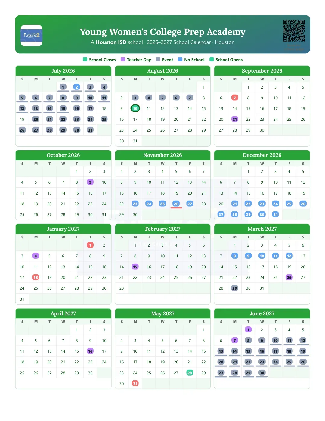 Young Women's College Prep Academy Calendar for the Year 26-27