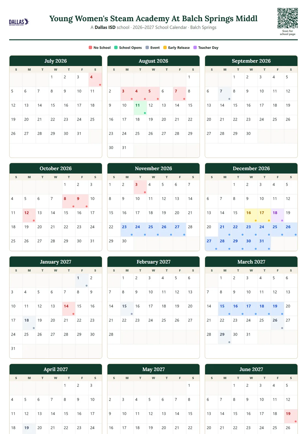 Young Women's Steam Academy At Balch Springs Middl printable 2026–2027 calendar
