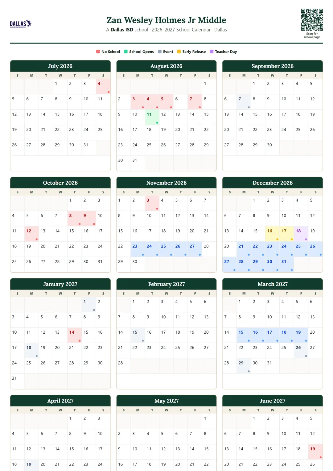 Zan Wesley Holmes Jr Middle printable 2026–2027 calendar