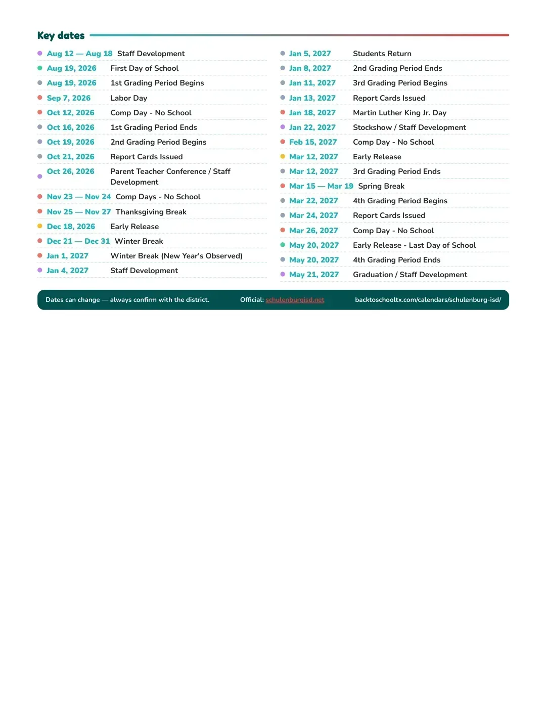 Schulenburg ISD Calendar for the Year 26-27 — key dates