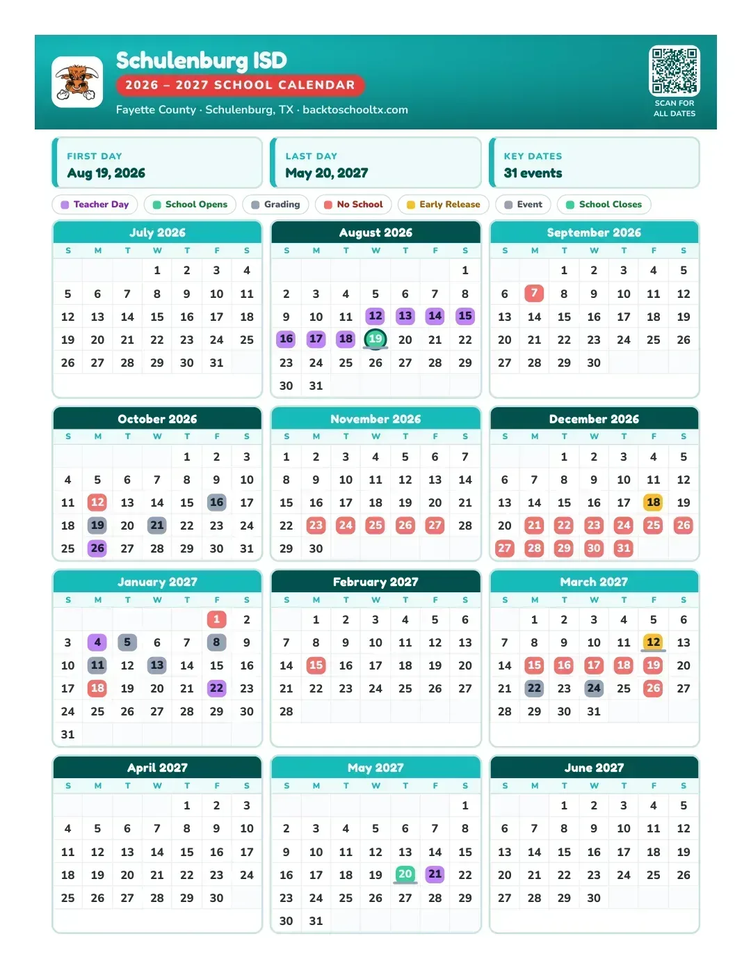Schulenburg ISD Calendar for the Year 26-27