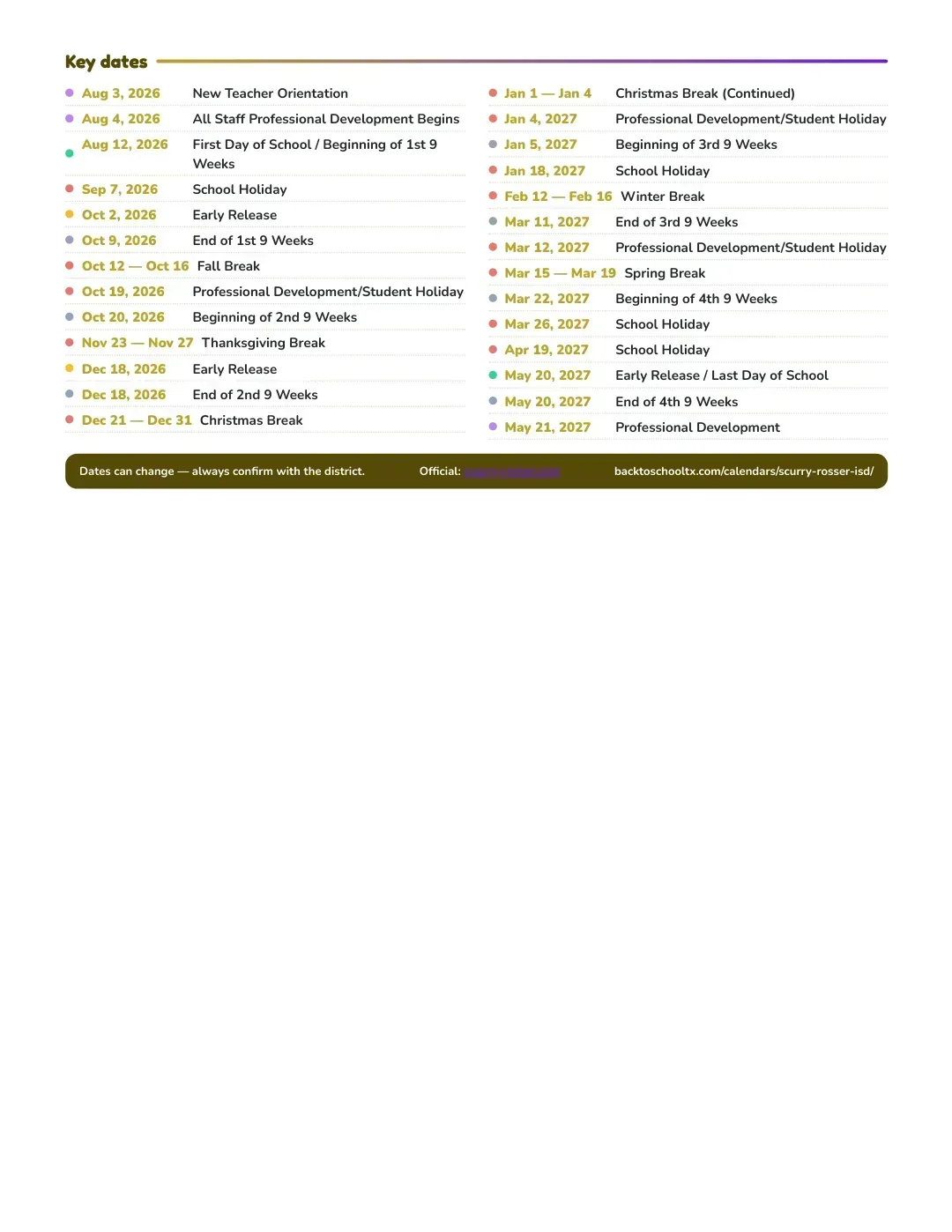 Scurry-rosser ISD Calendar for the Year 26-27 — key dates