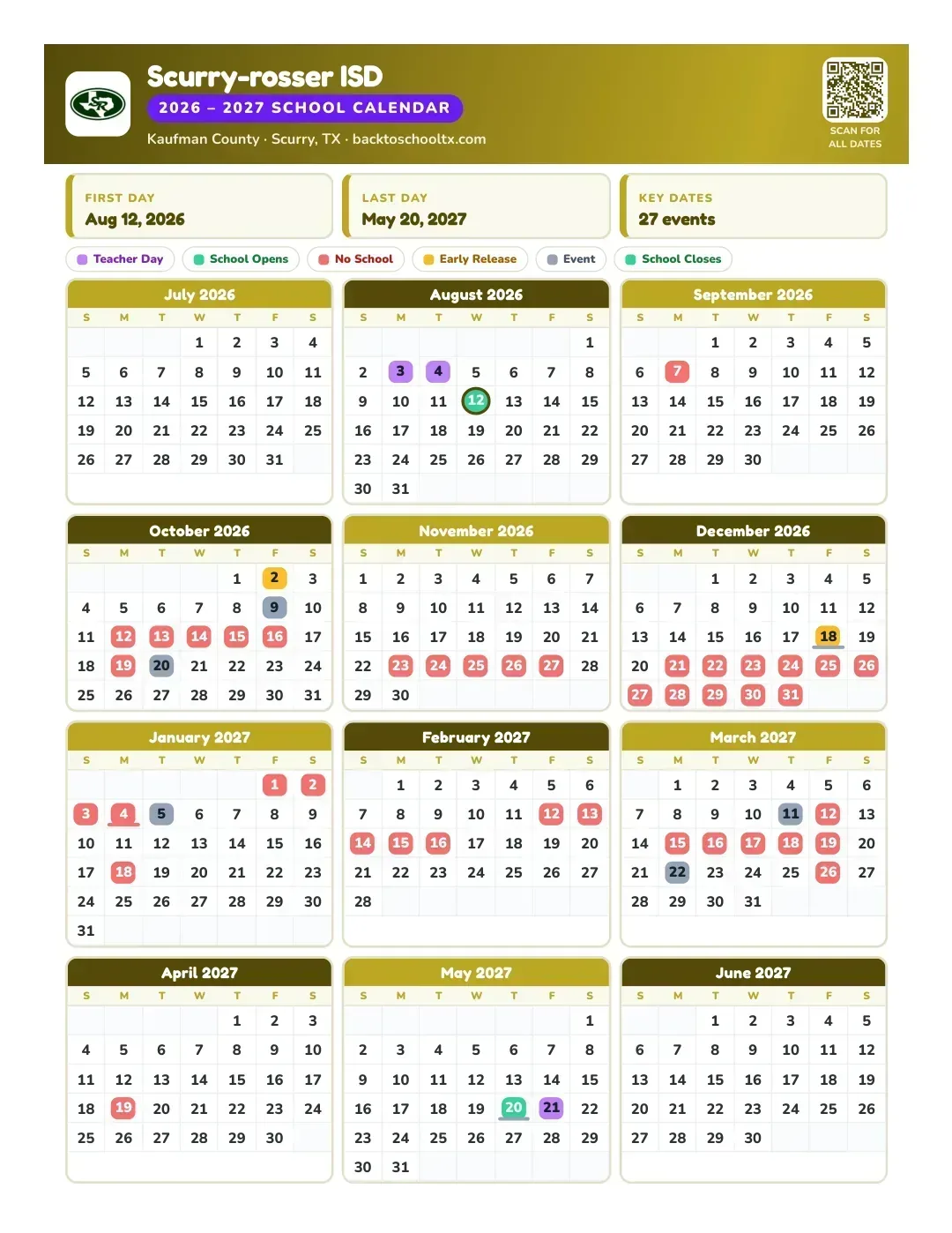 Scurry-rosser ISD Calendar for the Year 26-27