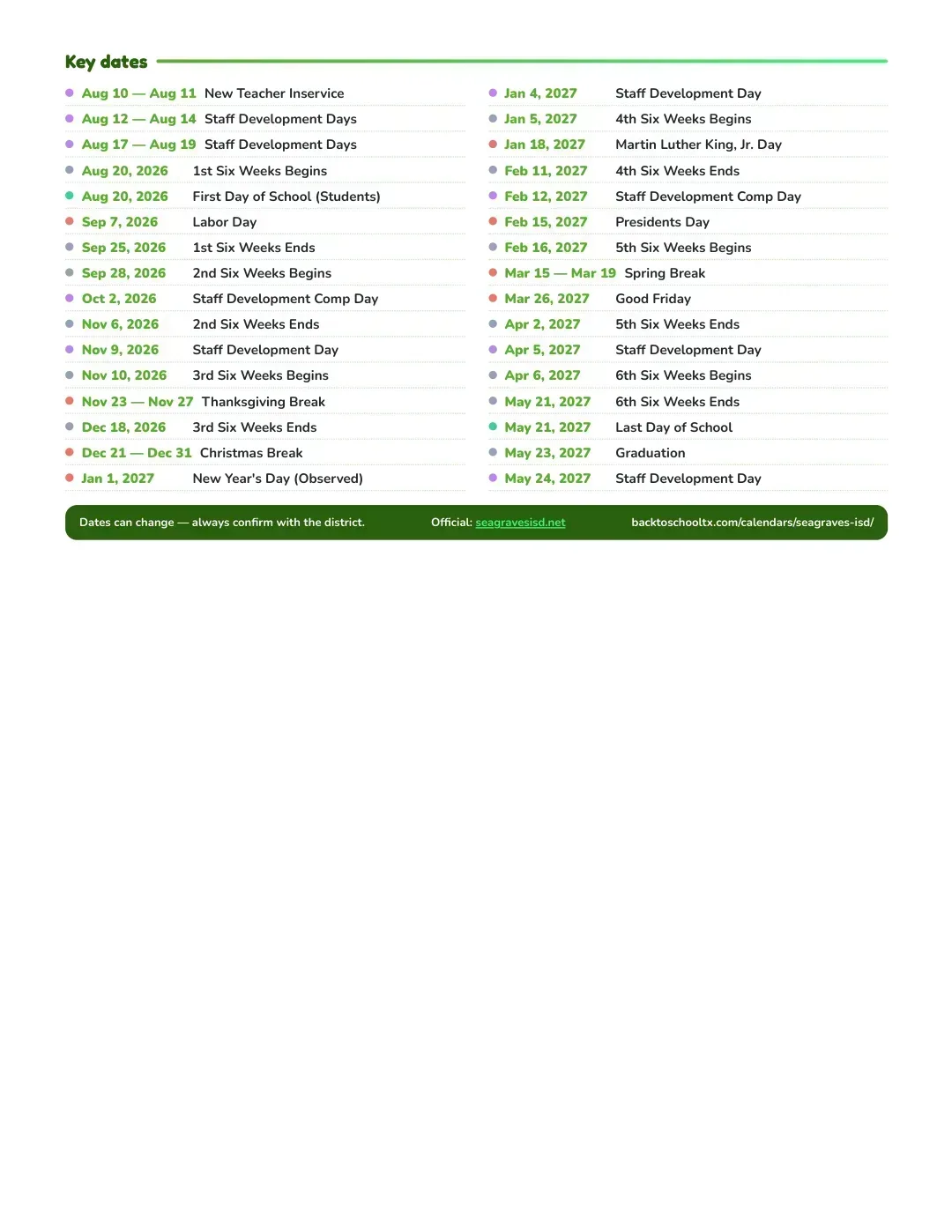 Seagraves ISD Calendar for the Year 26-27 — key dates
