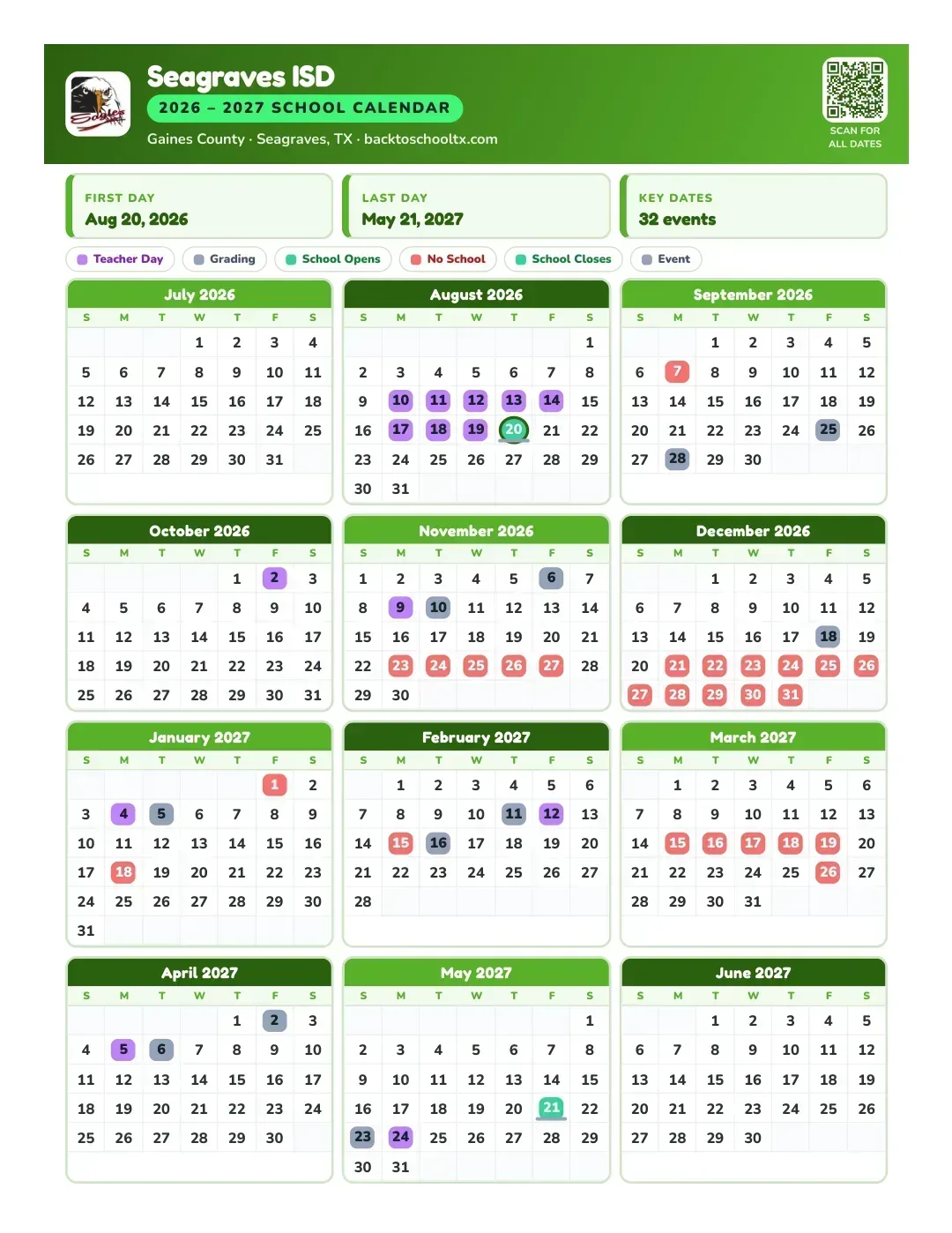 Seagraves ISD Calendar for the Year 26-27