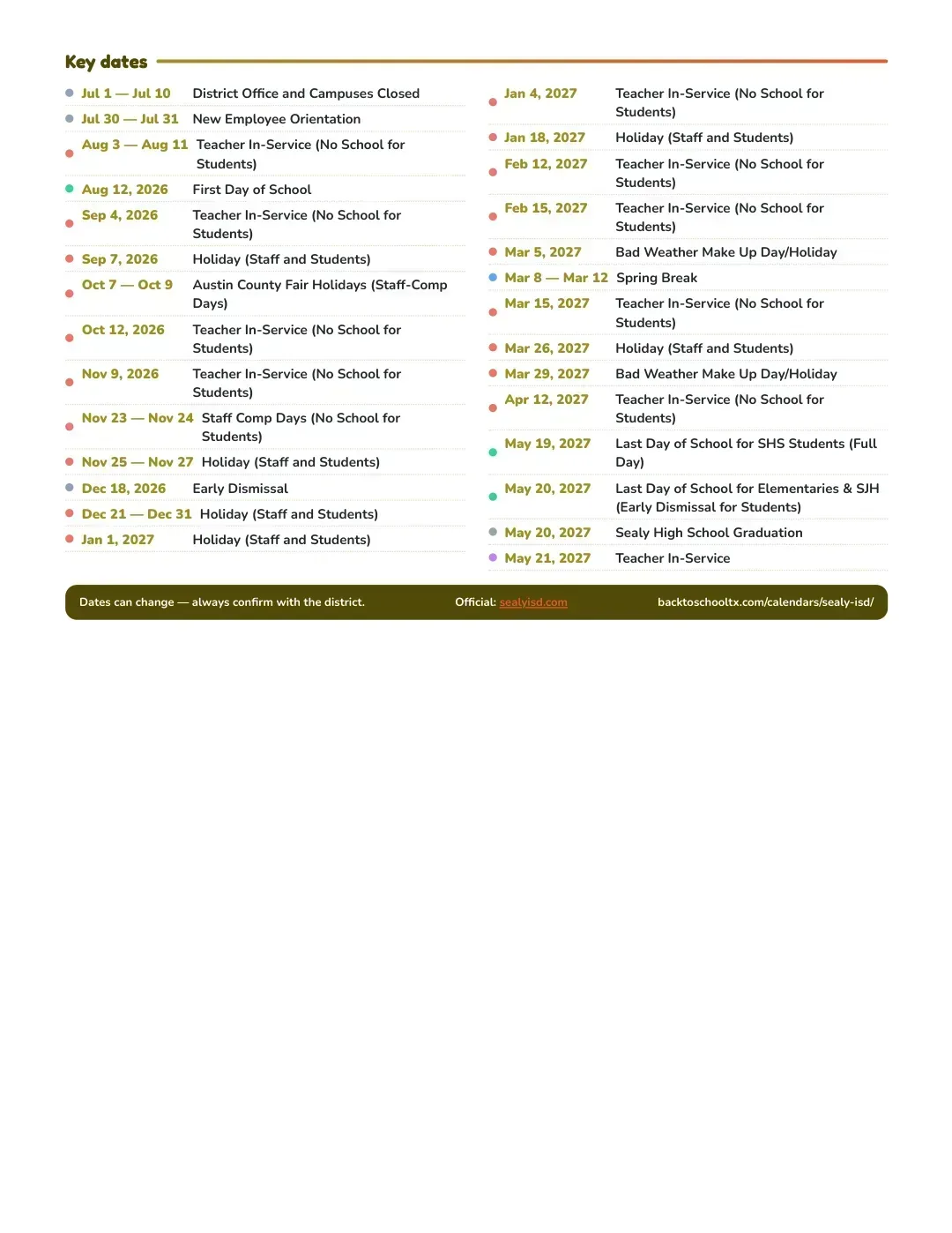 Sealy ISD Calendar for the Year 26-27 — key dates