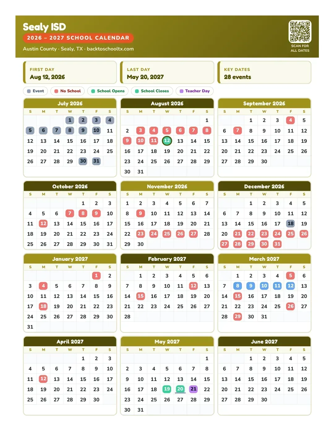 Sealy ISD Calendar for the Year 26-27