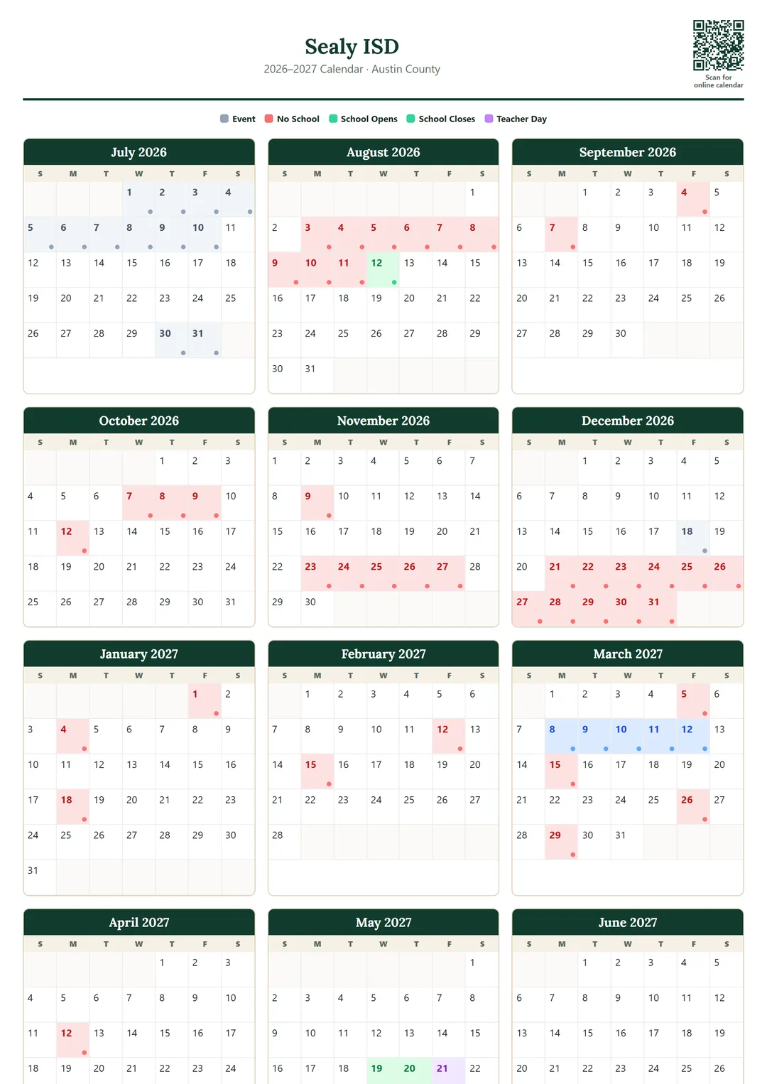 Sealy ISD printable 2026–2027 calendar