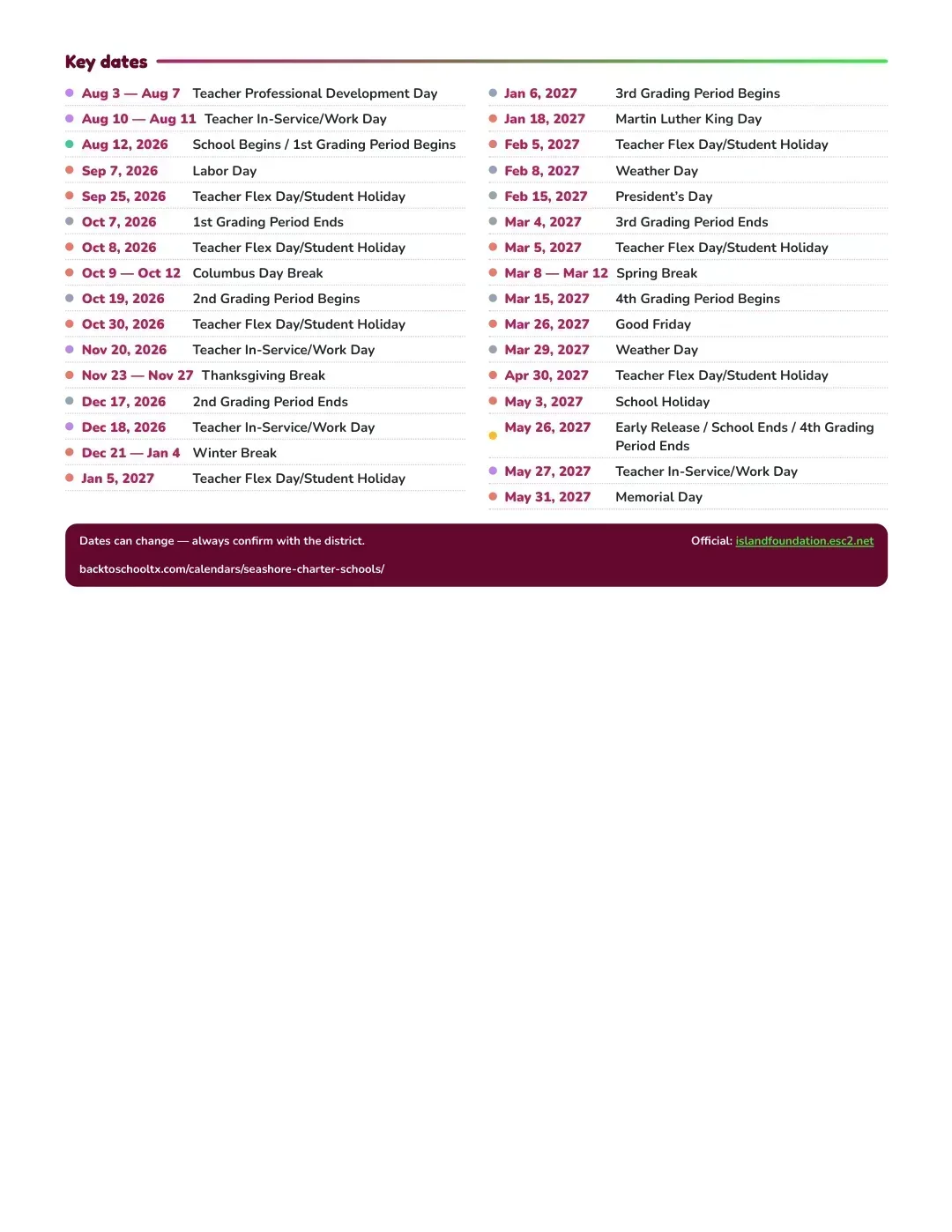 Seashore Charter Schools Calendar for the Year 26-27 — key dates