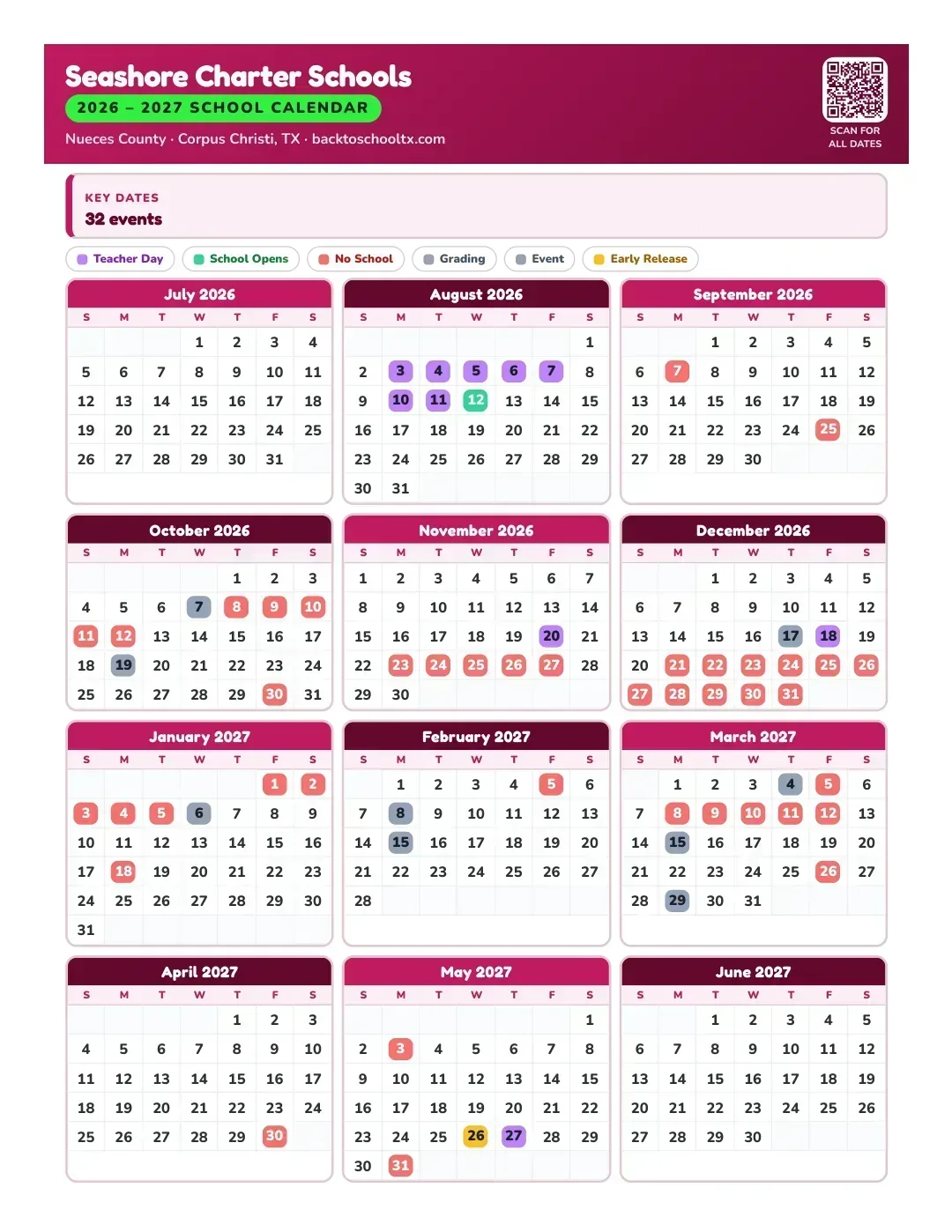 Seashore Charter Schools Calendar for the Year 26-27