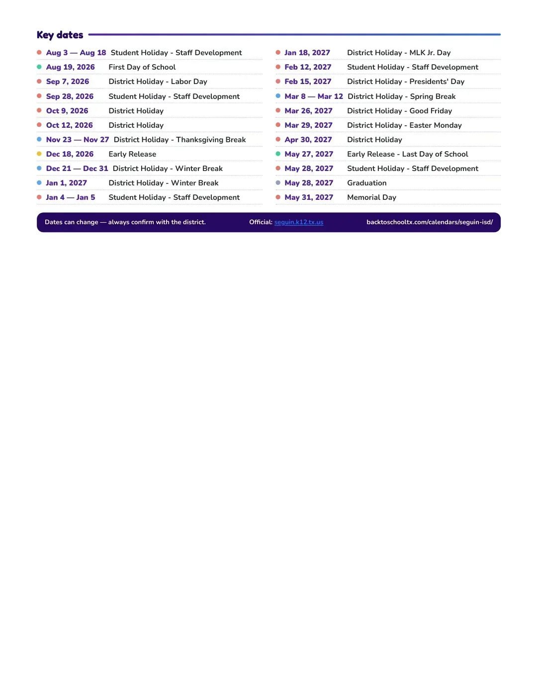 Seguin ISD Calendar for the Year 26-27 — key dates