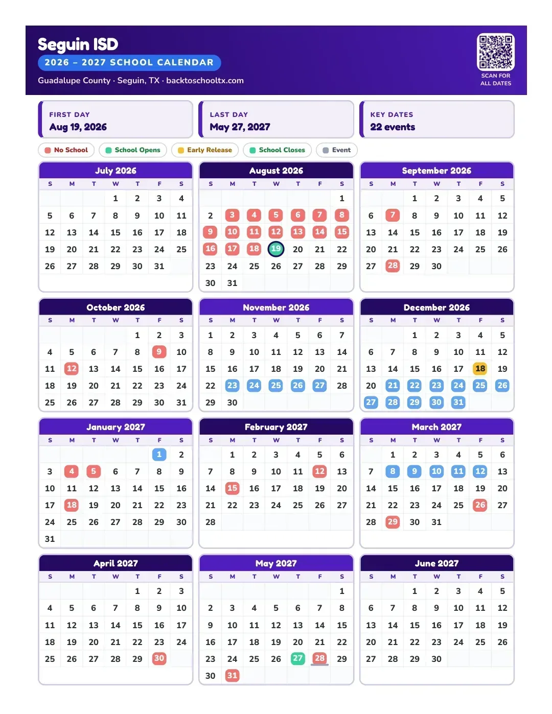 Seguin ISD Calendar for the Year 26-27