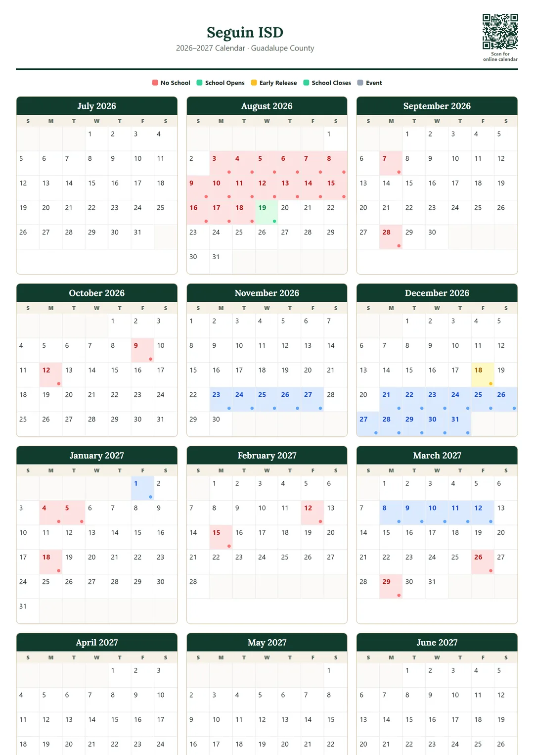 Seguin ISD printable 2026–2027 calendar