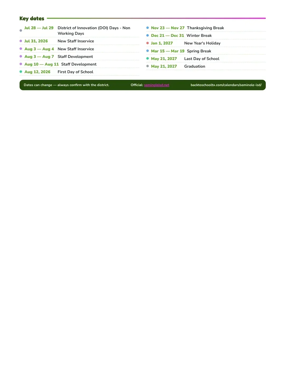 Seminole ISD Calendar for the Year 26-27 — key dates
