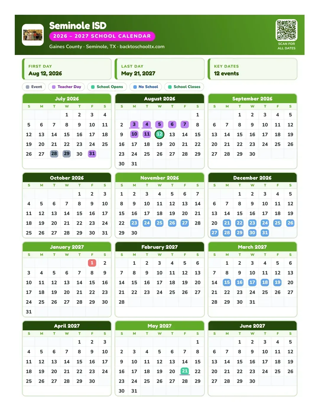 Seminole ISD Calendar for the Year 26-27