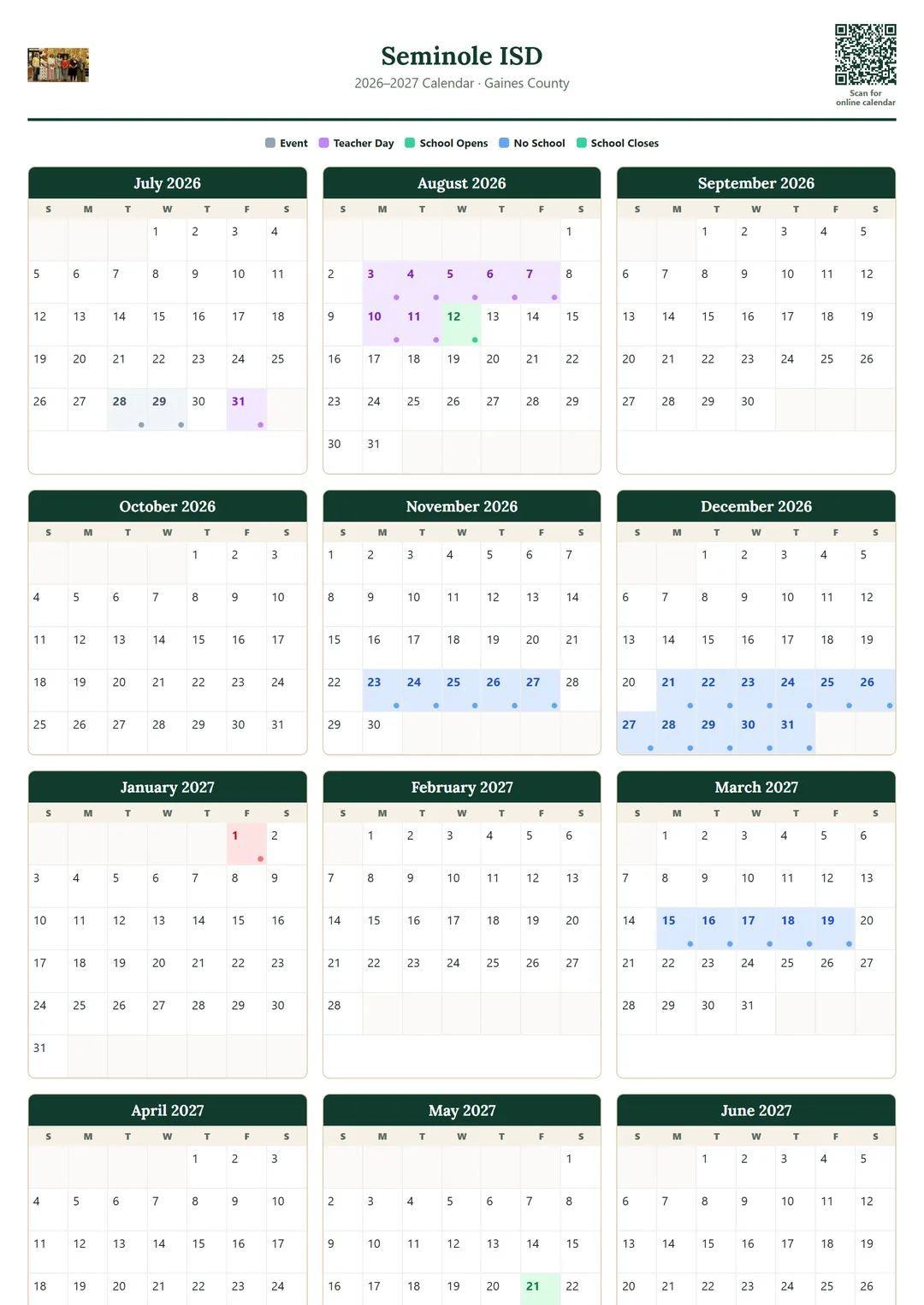 Seminole ISD printable 2026–2027 calendar