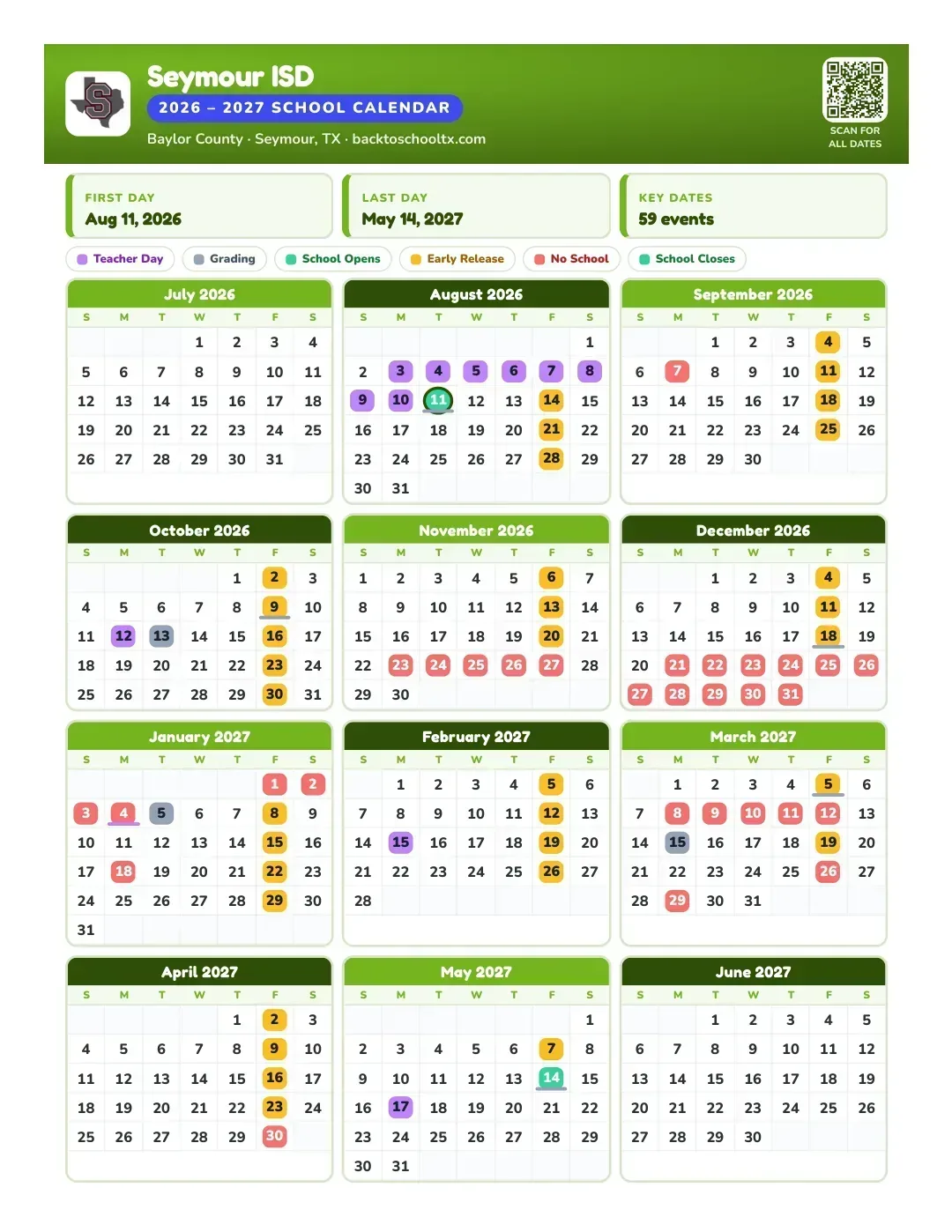 Seymour ISD Calendar for the Year 26-27