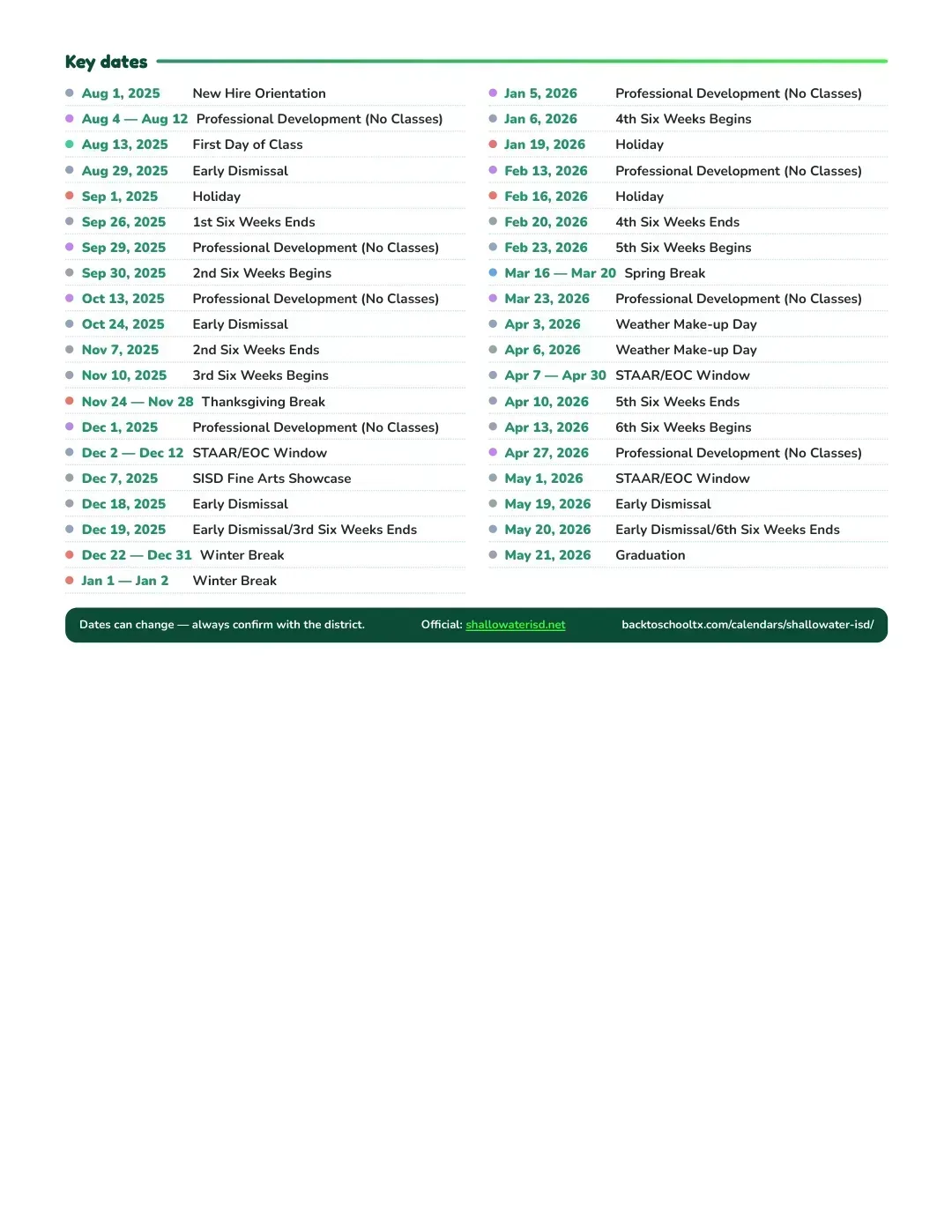 Shallowater ISD Calendar for the Year 26-27 — key dates