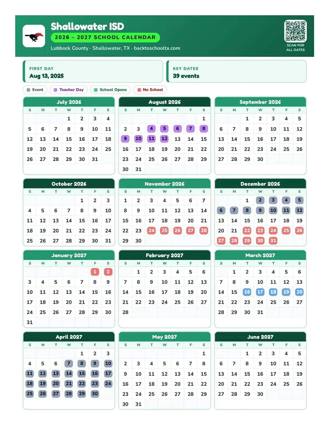 Shallowater ISD Calendar for the Year 26-27